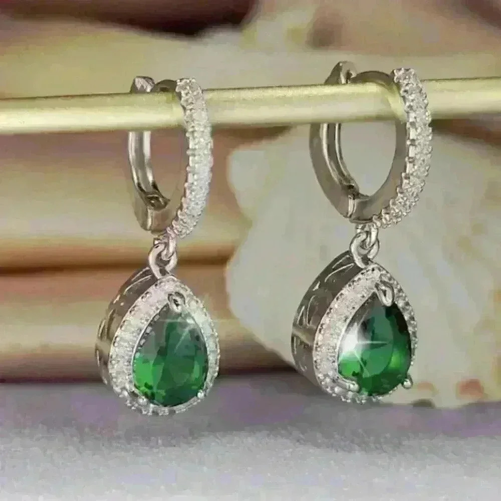 New Green Gemstone Silver Hoop Earrings with Sparkling Crystal